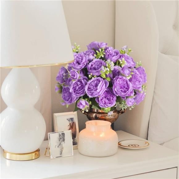 Artificial Peonies Silk Flowers, Purple Faux Peony Bouquet 4 Bundles Florals - Picture 4 of 6